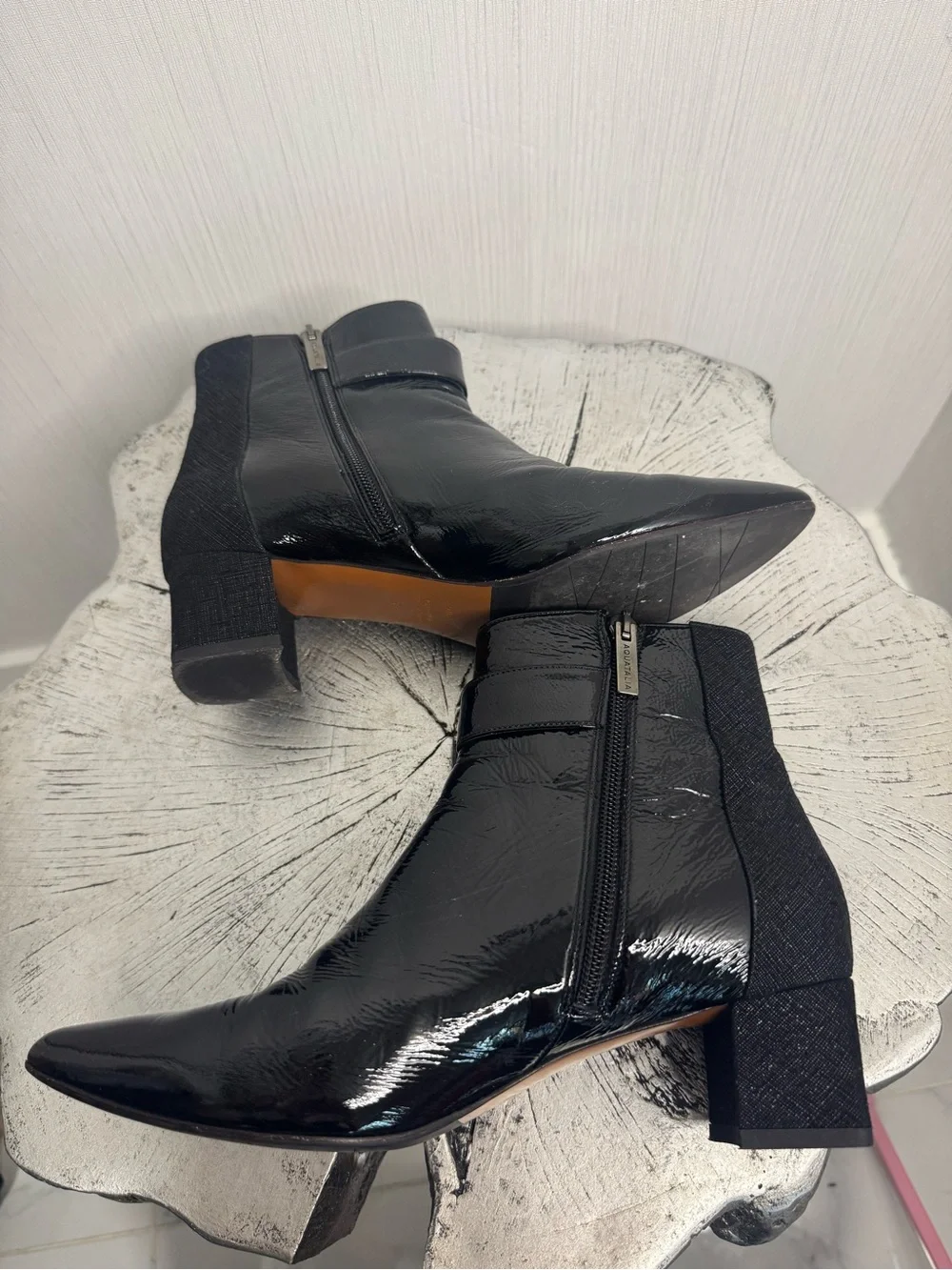 Aquatalia Phyllis Ankle Boots. Black Naplack Patent Leather. Size 9.